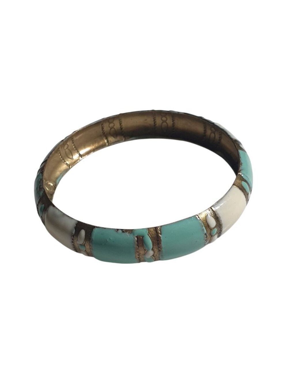 Vintage Brass Cloisonne Bangle Bracelet Teal Cream Hand Painted Enamel Artisan